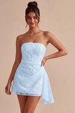 Strapless Floral Bodycon Little White Dress with Sash