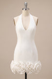 Halter Neck Bodycon Backless Little White Dress with 3D Flowers