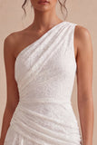 One Shoulder Ruched Lace Asymmetrical Bodycon Little White Dress