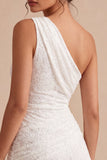 One Shoulder Ruched Lace Asymmetrical Bodycon Little White Dress