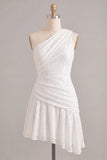 One Shoulder Ruched Lace Asymmetrical Bodycon Little White Dress