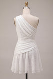 One Shoulder Ruched Lace Asymmetrical Bodycon Little White Dress