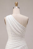 One Shoulder Ruched Lace Asymmetrical Bodycon Little White Dress