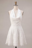 A-Line Halter Neck Floral Little White Dress