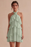 A-Line Halter Neck Floral Chiffon Little White Dress with Ruffles