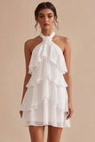 A-Line Halter Neck Floral Chiffon Little White Dress with Ruffles