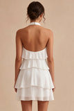 A-Line Halter Neck Floral Chiffon Little White Dress with Ruffles