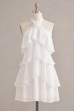 A-Line Halter Neck Floral Chiffon Little White Dress with Ruffles