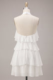 A-Line Halter Neck Floral Chiffon Little White Dress with Ruffles