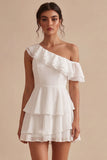 One Shoulder A-Line Chiffon Ruffled Tiered Little White Dress