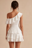 One Shoulder A-Line Chiffon Ruffled Tiered Little White Dress