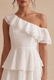 One Shoulder A-Line Chiffon Ruffled Tiered Little White Dress