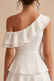 One Shoulder A-Line Chiffon Ruffled Tiered Little White Dress
