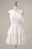 One Shoulder A-Line Chiffon Ruffled Tiered Little White Dress