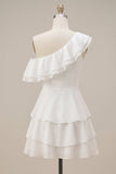 One Shoulder A-Line Chiffon Ruffled Tiered Little White Dress