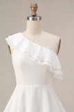 One Shoulder A-Line Chiffon Ruffled Tiered Little White Dress