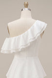One Shoulder A-Line Chiffon Ruffled Tiered Little White Dress