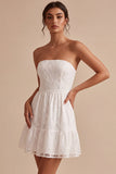 Strapless A-Line Floral Ruffled Little White Dress