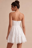 Strapless A-Line Floral Ruffled Little White Dress