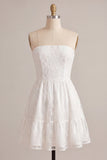 Strapless A-Line Floral Ruffled Little White Dress