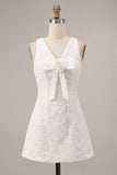 A-Line V-Neck Little White Dress with 3D Flower