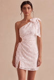 Bodycon One Shoulder Floral Cut Out Little White Dress with Bow