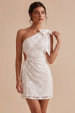 Bodycon One Shoulder Floral Cut Out Little White Dress with Bow