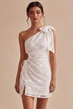 Bodycon One Shoulder Floral Cut Out Little White Dress with Bow