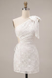 Bodycon One Shoulder Floral Cut Out Little White Dress with Bow