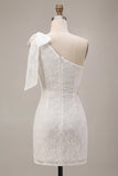 Bodycon One Shoulder Floral Cut Out Little White Dress with Bow