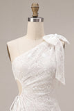 Bodycon One Shoulder Floral Cut Out Little White Dress with Bow