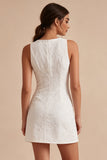 Round Neck Bodycon Floral Little White Dress with Slit