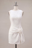 Round Neck Bodycon Floral Little White Dress with Slit