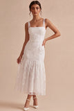 A-Line Thick Straps Floral Little White Dress