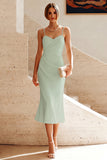 White Mermaid Spaghetti Straps Ruched Midi Dress