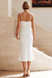 White Mermaid Spaghetti Straps Ruched Midi Dress