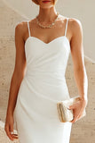 White Mermaid Spaghetti Straps Ruched Midi Dress