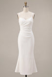 White Mermaid Spaghetti Straps Ruched Midi Dress
