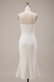 White Mermaid Spaghetti Straps Ruched Midi Dress