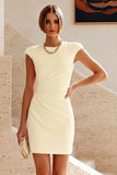 Round Neck Bodycon Ruched Little White Dress with Cap Sleeves