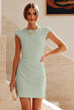Round Neck Bodycon Ruched Little White Dress with Cap Sleeves