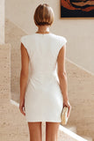 Round Neck Bodycon Ruched Little White Dress with Cap Sleeves