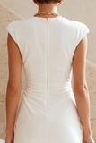 Round Neck Bodycon Ruched Little White Dress with Cap Sleeves
