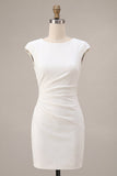 Round Neck Bodycon Ruched Little White Dress with Cap Sleeves