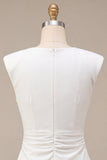 Round Neck Bodycon Ruched Little White Dress with Cap Sleeves