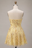 Yellow A-Line Strapless Cut Out Sequins Homecoming Dress