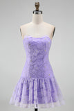 Pink A-Line Strapless Beaded Pearl Floral Short Homecoming Dress