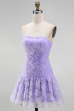 Pink A-Line Strapless Beaded Pearl Floral Short Homecoming Dress