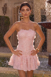 Pink A-Line Strapless Beaded Pearl Floral Short Homecoming Dress