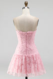 Pink A-Line Strapless Beaded Pearl Floral Short Homecoming Dress
